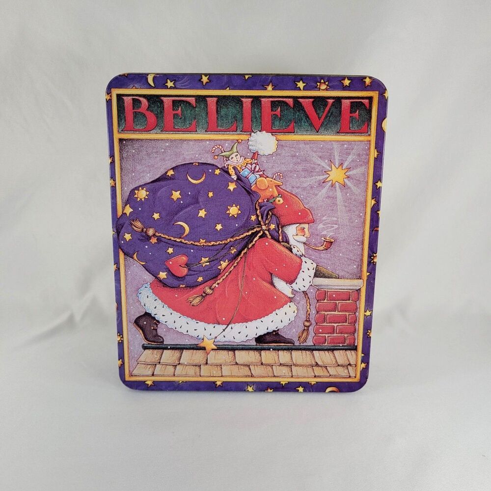 Vintage Christmas Cookie Tin Santa Whimsigoth Celestial 1986 Mary Engelbreit